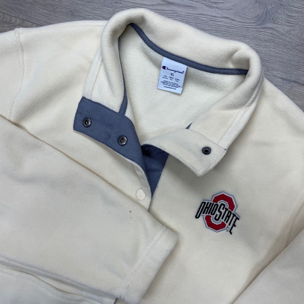 Champion Ohio State Fleece Pullover Mens XL Cream Snap Neck Pocket